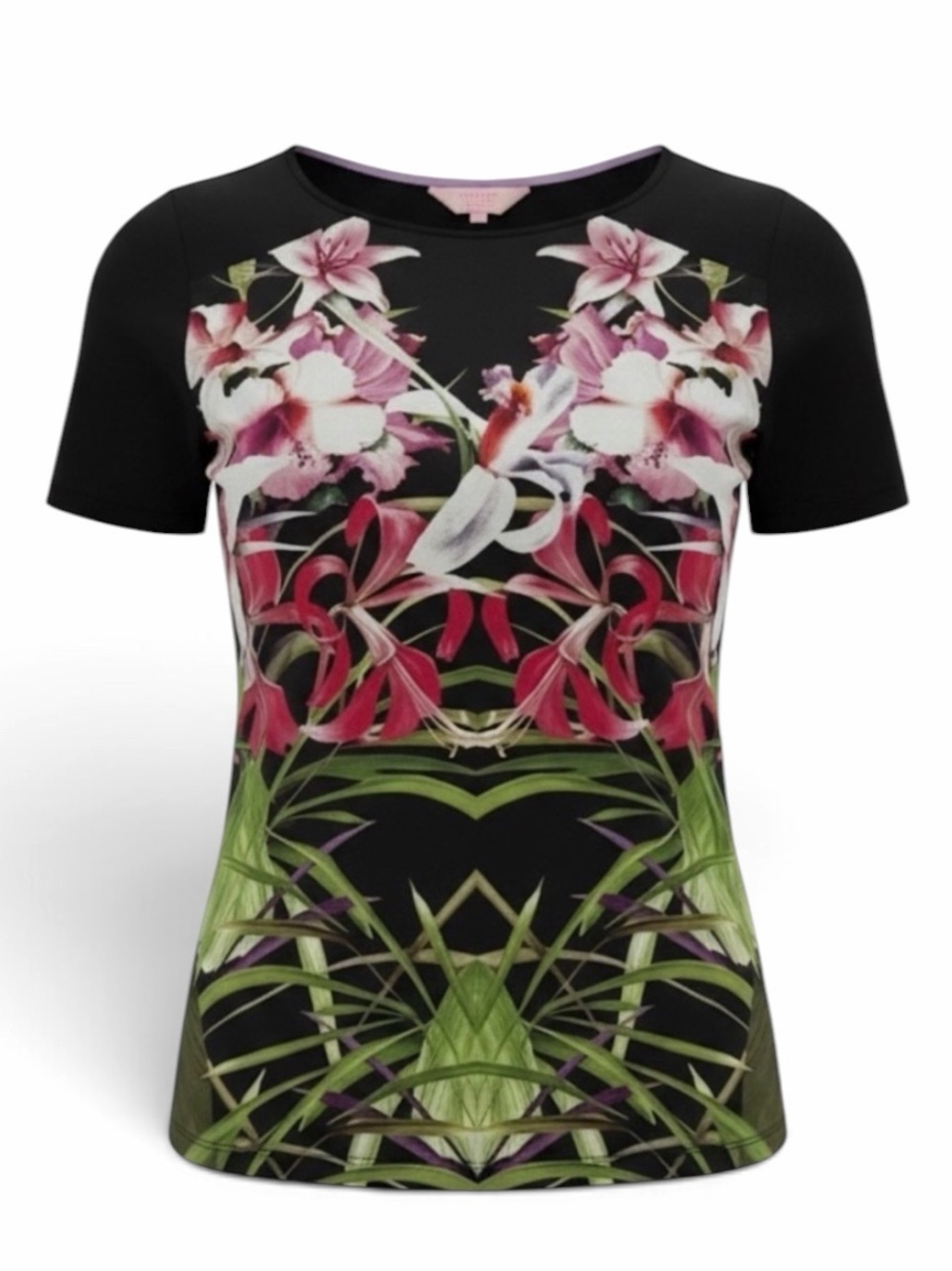 Ted Baker Black Floral Print Renella Mirrored Tropics Short Sleeve Tee Size XS